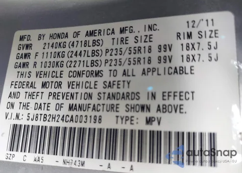 2012 Acura Rdx z USA, uszkodzony, nr VIN 5J8TB2H24CA003198